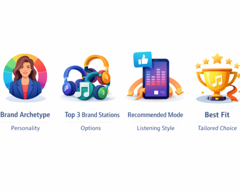 image of icons and benefits including Brand Archetype Top 3 Brand Stations Recommended Mode (Calm/Flow/Energy) Best-fit use cases Setup guidance (volume + vibe)